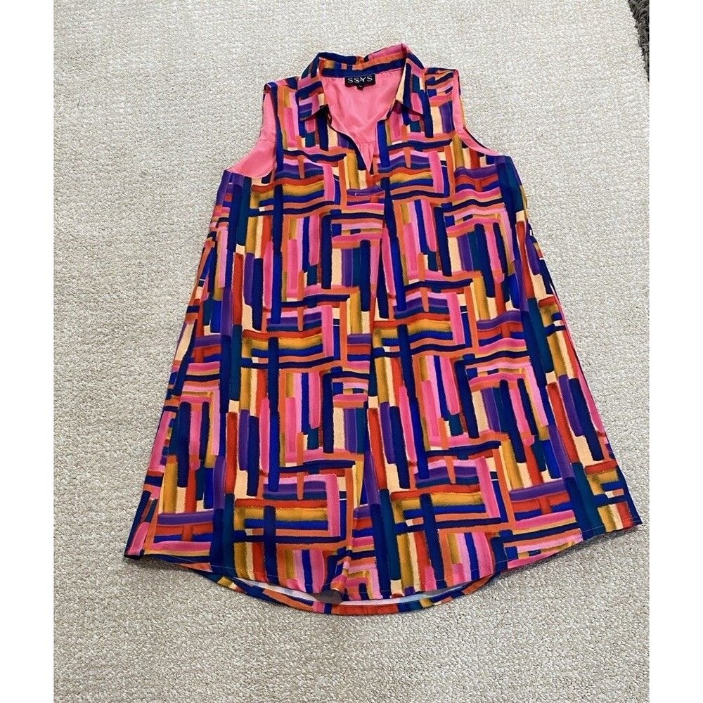 SSYS Pink Multicolor Geometric Sleeveless Shift Dress V-Neck Lightweight Size XS - Picture 3 of 14